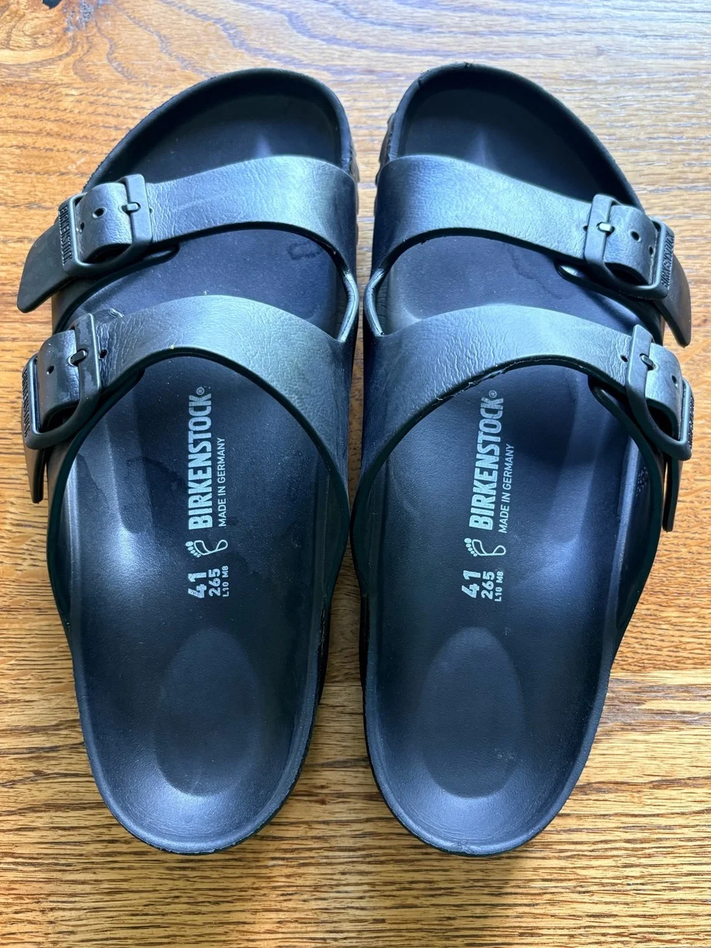 Birkenstock Arizona EVA Black Two-Strap Sandals with Buckles- mens 8, ladies 10.